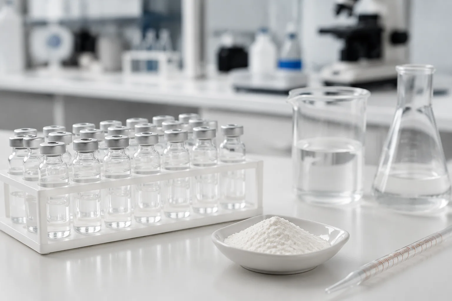 Lysine testing: a rack of hydrolysed amino-acid solution vials beside a feed-additive powder sample and beakers, Beijing ZKGX Research.
