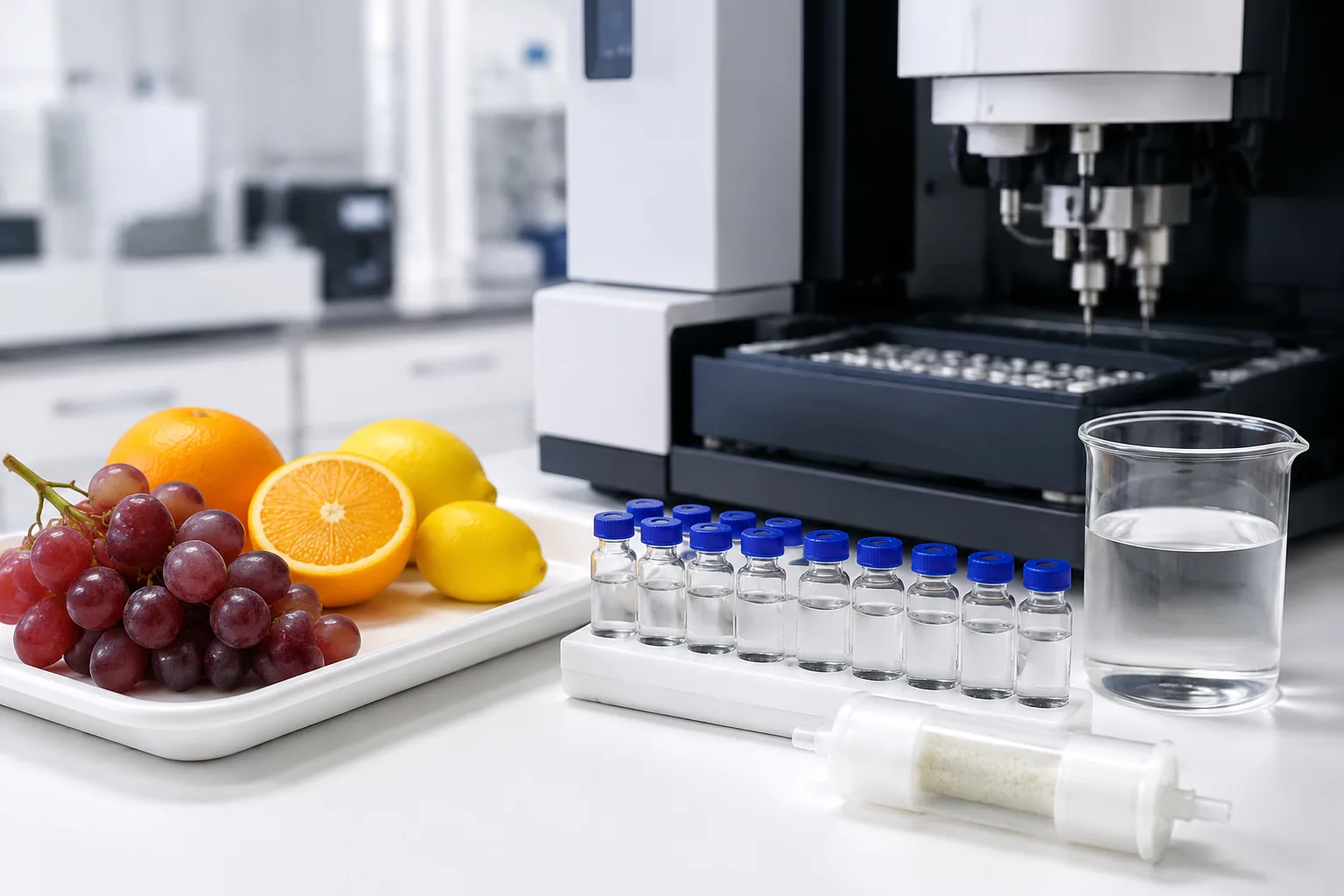 Gibberellin testing: fresh grapes and citrus beside LC-MS autosampler vials and a C18 SPE cartridge on a food-chemistry tray, Beijing ZKGX.
