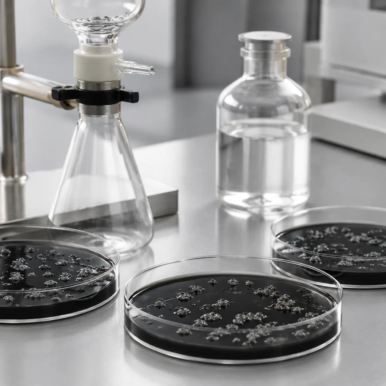 Legionella testing: petri dishes with dark BCYE charcoal agar showing grey-white ground-glass colonies beside a membrane-filter apparatus, Beijing ZKGX.