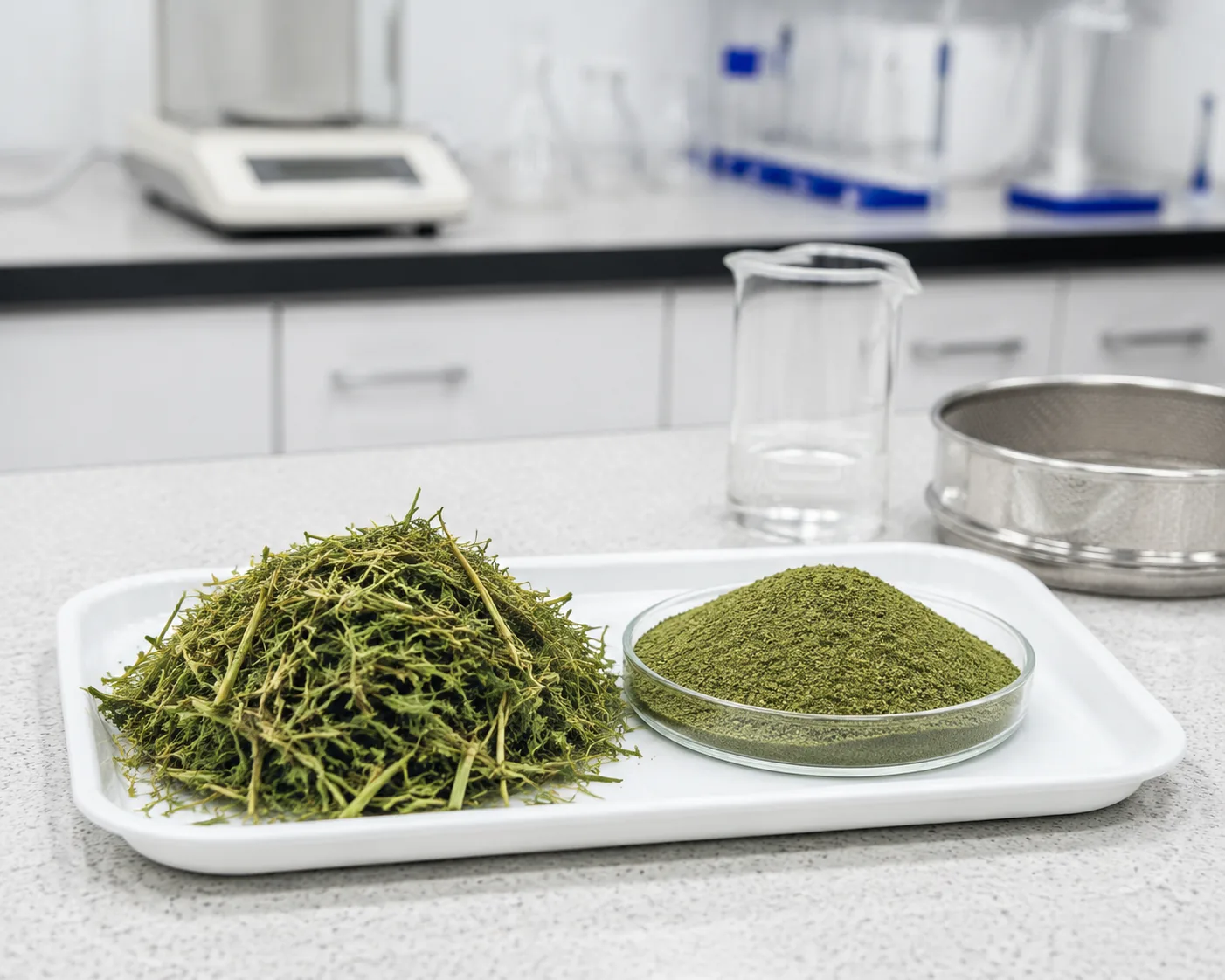 Alfalfa testing: dried alfalfa hay stems and a handful of green alfalfa meal powder in a dish on a feed-lab sample tray, Beijing ZKGX Research.