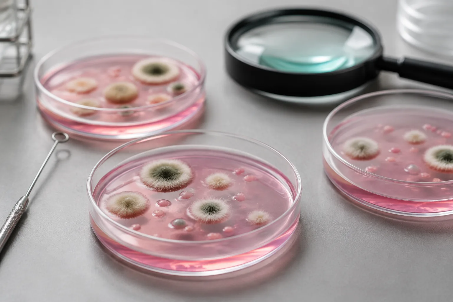 Fungal count testing: petri dishes with pink Rose Bengal agar showing fuzzy mould and smooth yeast colonies, Beijing ZKGX Research.