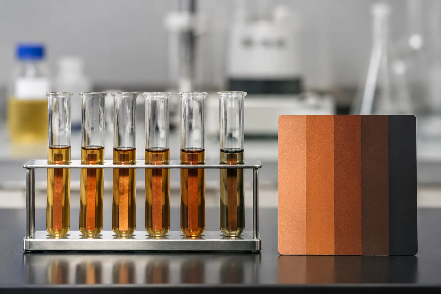 Copper strip testing: test tubes with polished copper strips immersed in amber oil beside a graduated tarnish colour-reference board, Beijing ZKGX.