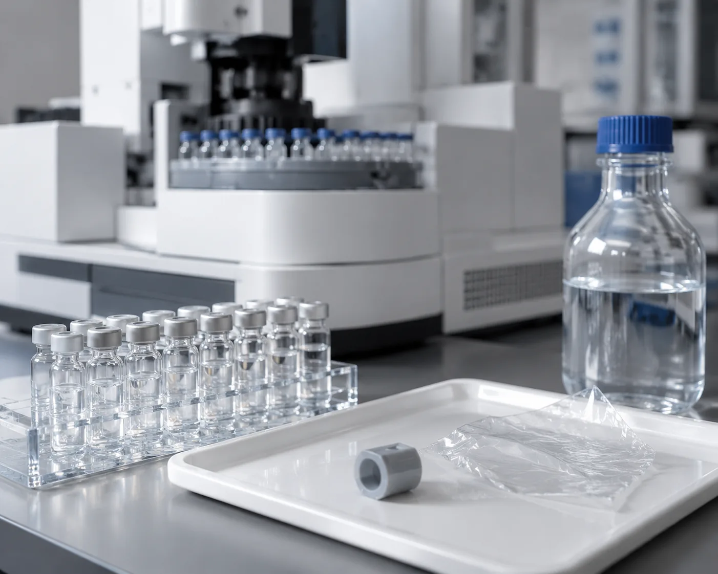 Phthalate testing: GC-MS autosampler vials beside a PVC plastic sample and food-packaging film on an analytical-chemistry tray, Beijing ZKGX.