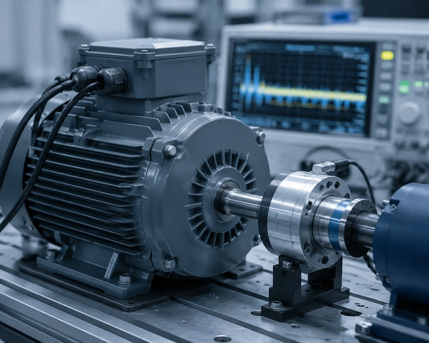 Three-phase asynchronous motor on a test bench with torque sensor and current waveform display, for asynchronous motor testing to IEC 60034-2-1.