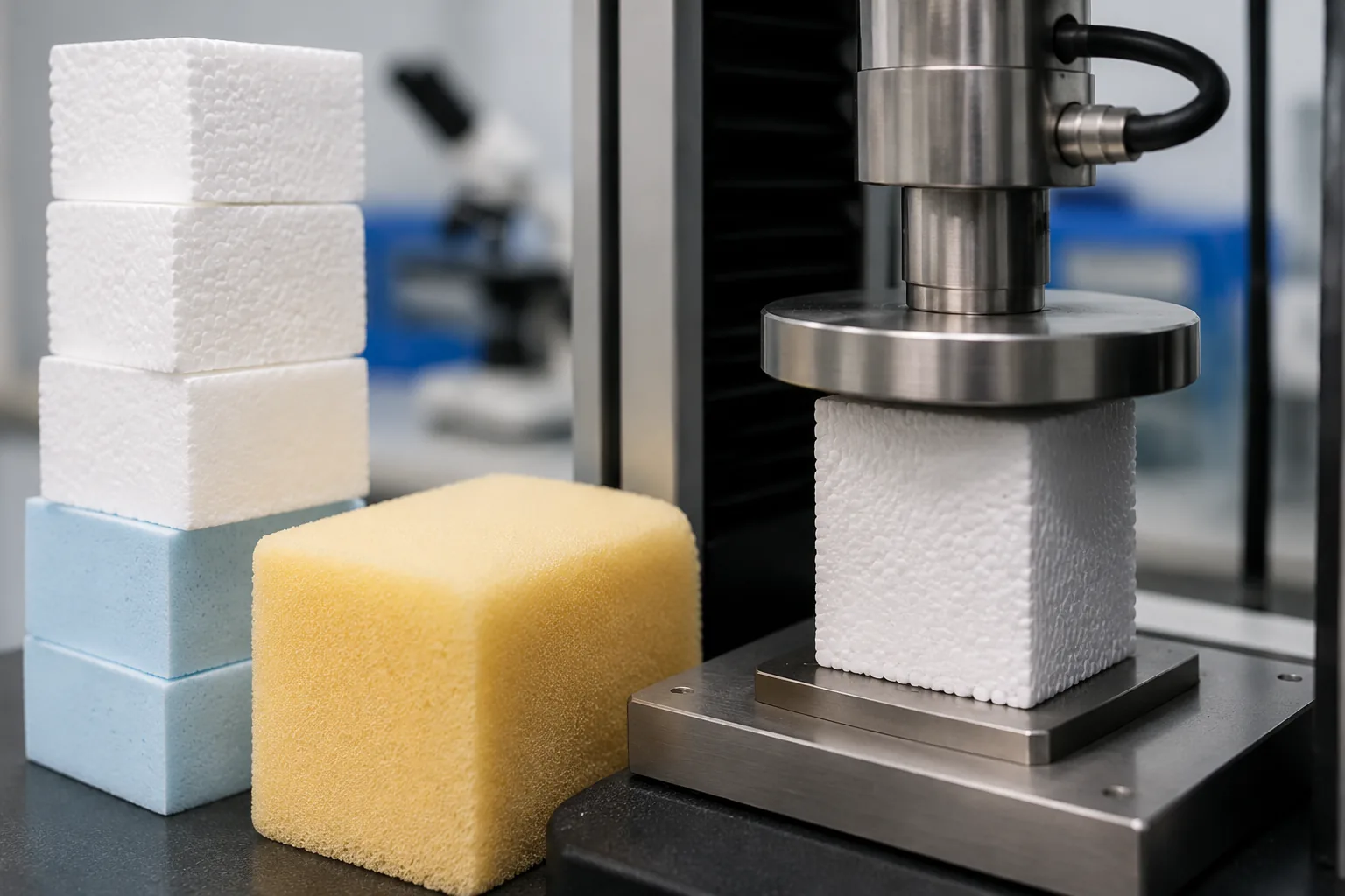 Foam plastic test specimens — rigid EPS/XPS cubes and flexible polyurethane block — under compression testing for foam plastic testing to ASTM D3574 and D1621.