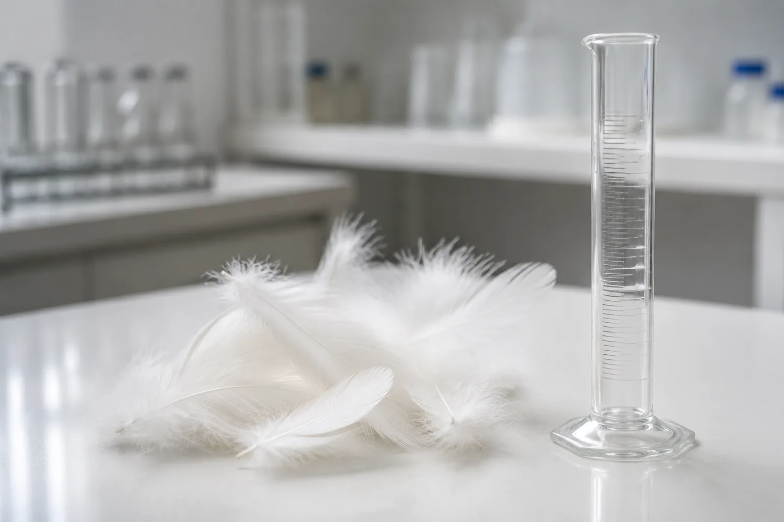 Laboratory still life with white down feathers and a graduated cylinder for fill power testing — down jacket testing to IDFB and GB/T 14272-2021.