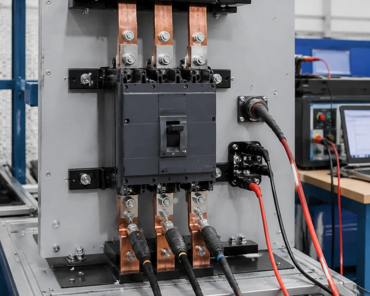 Three-pole moulded-case circuit breaker on a test panel with current injection cables — short-circuit breaking capacity type testing.