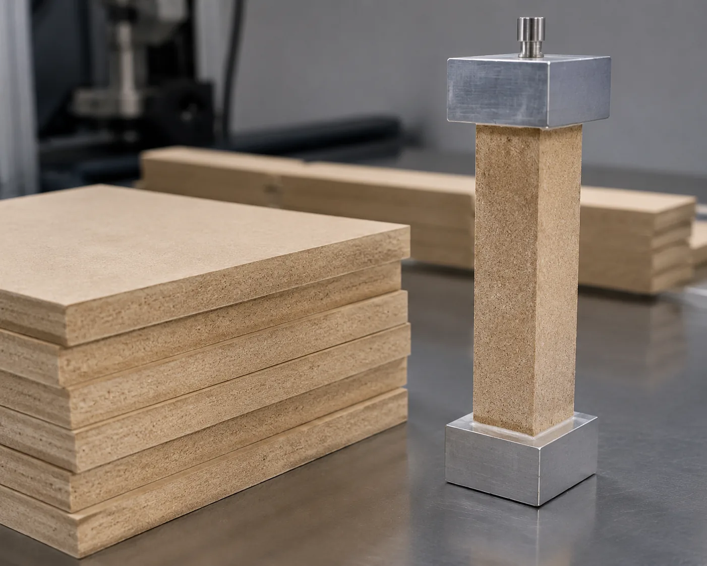 MDF panel specimens with internal bond test blocks for GB/T 11718 mechanical property testing in a wood-based materials laboratory.