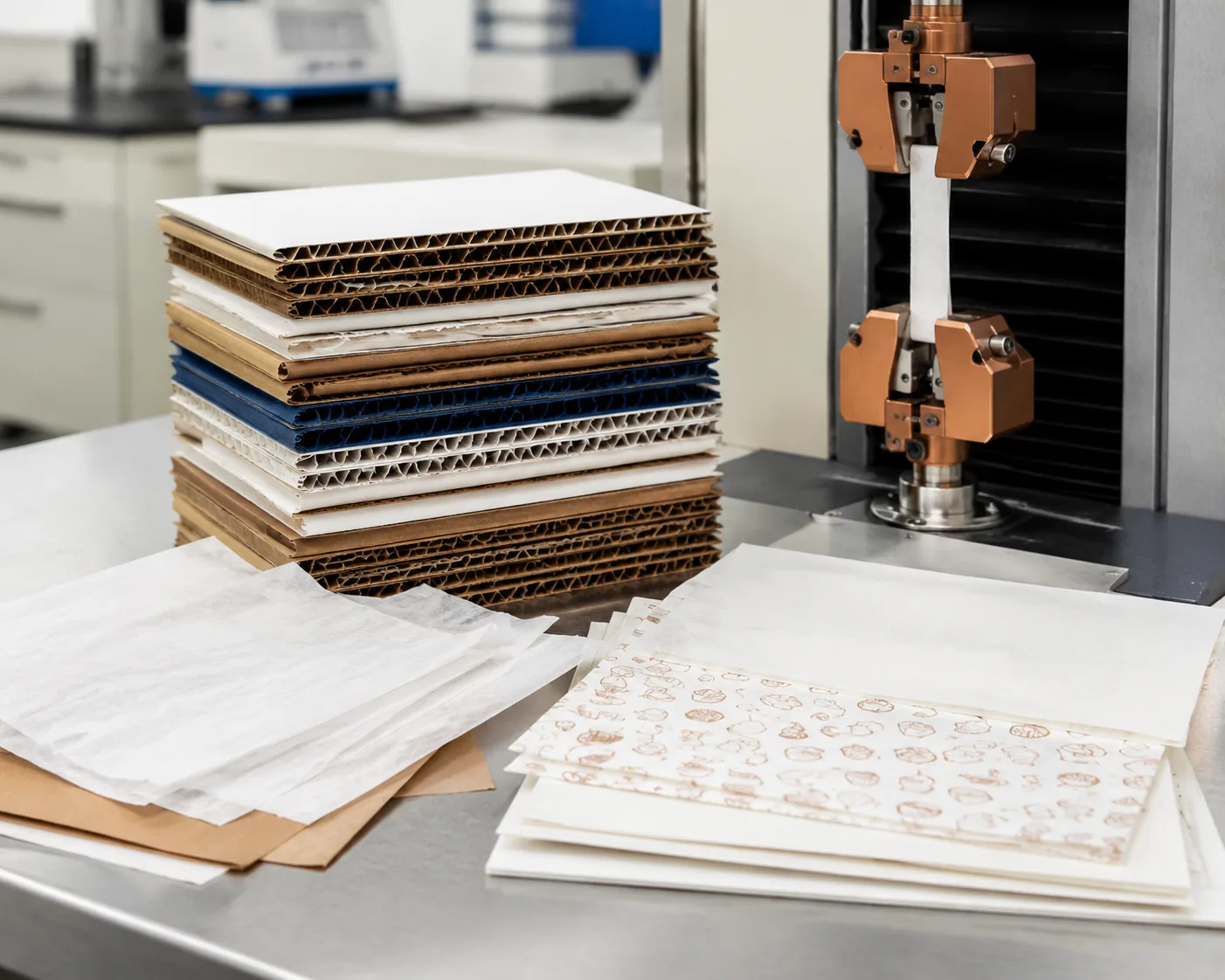 Corrugated board and paper specimens for GB/T 6544 edge crush and GB 4806.8 migration testing in a paper products testing