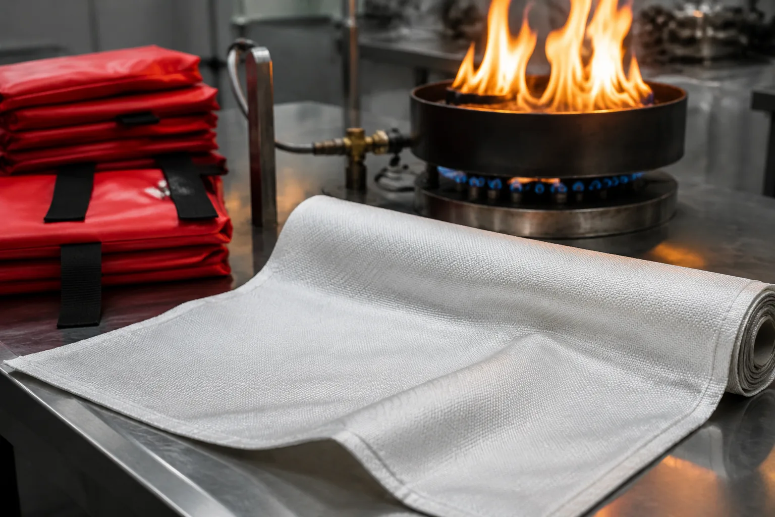 Glass-fibre fire blanket unfolded on a test bench beside an oil-pan fire test setup for XF 1205 and EN 1869 extinguishing effectiveness testing.