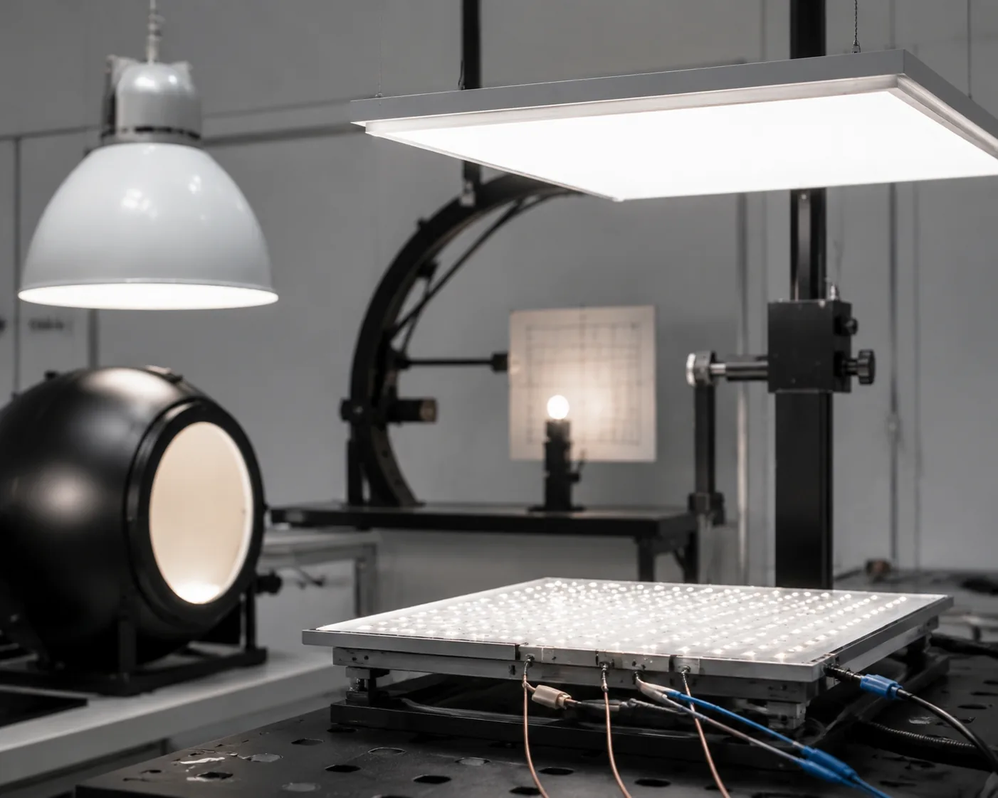 LED panel luminaires under photometric and GB 7000.1 electrical safety testing with thermocouples in a lighting products laboratory.