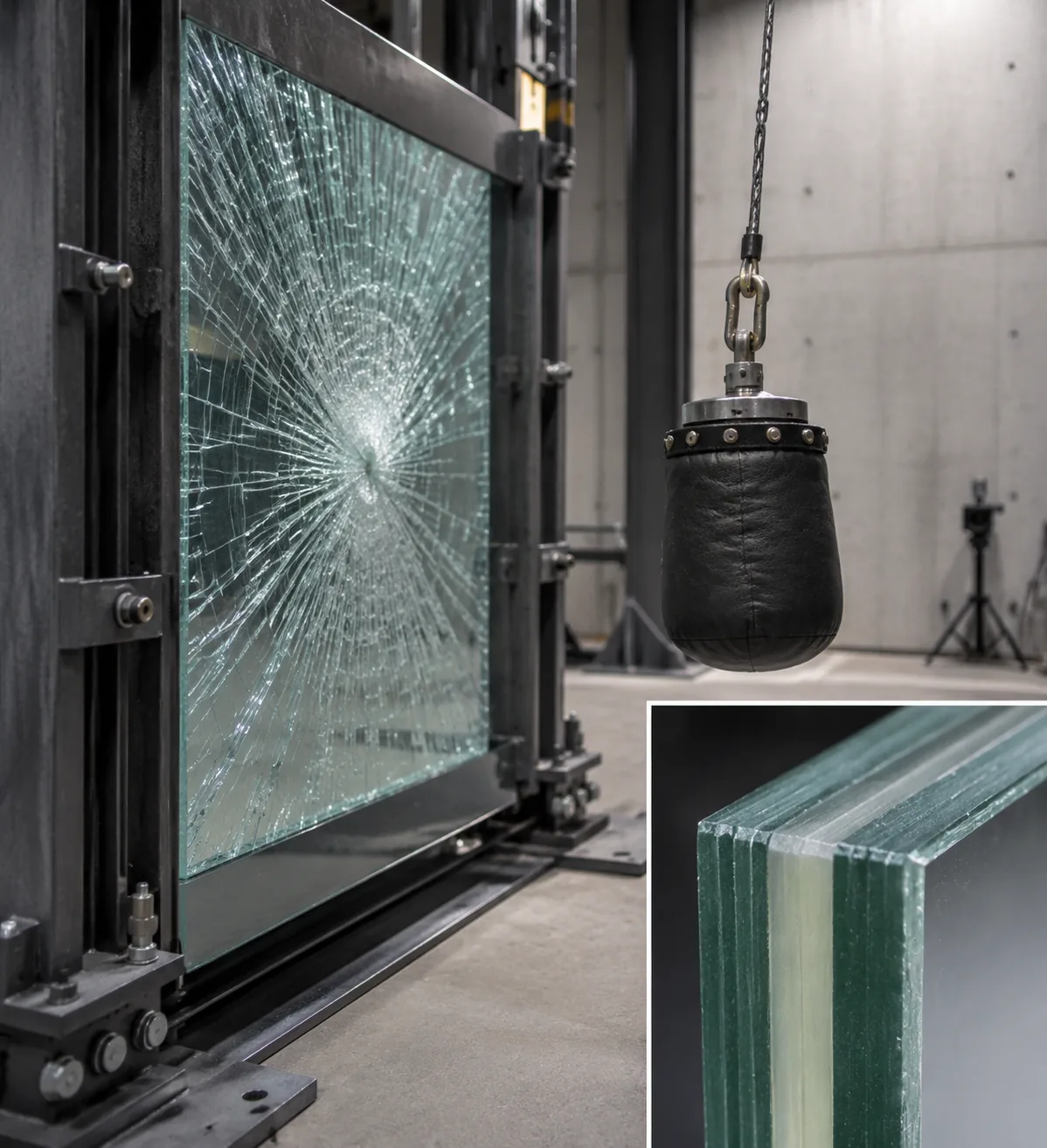 Laminated safety glass test pane in a steel impact frame with shot-bag pendulum, and a cross-section showing two glass plies bonded by a PVB interlayer.