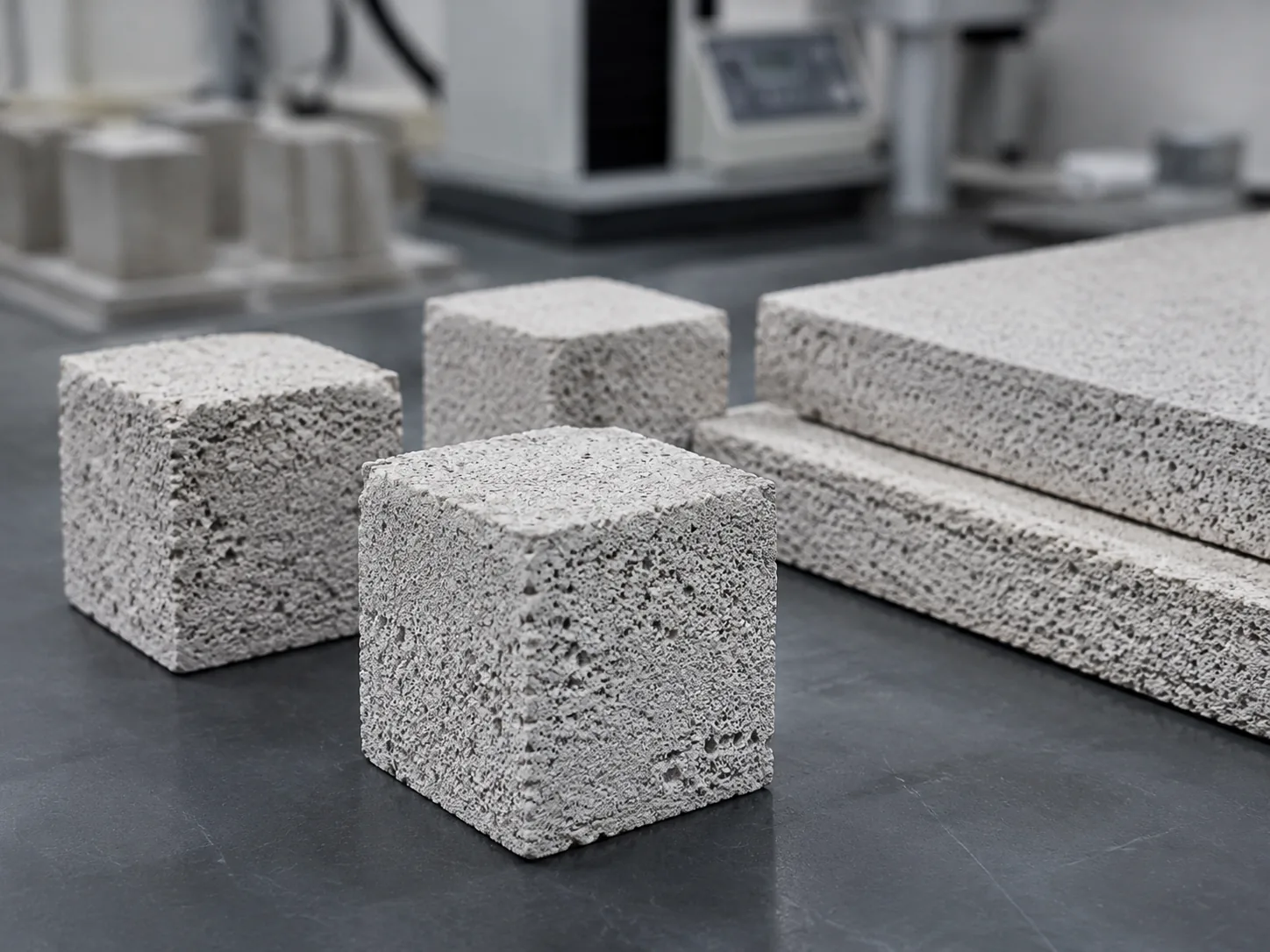 Insulation mortar cube and slab specimens with perlite texture for GB/T 20473 dry density and thermal conductivity testing.