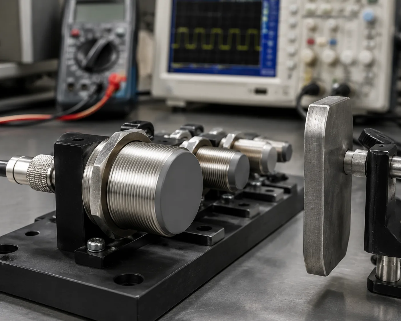 Inductive proximity sensors with steel target in test fixtures for GB/T 14048.10 sensing distance and repeat accuracy testing.