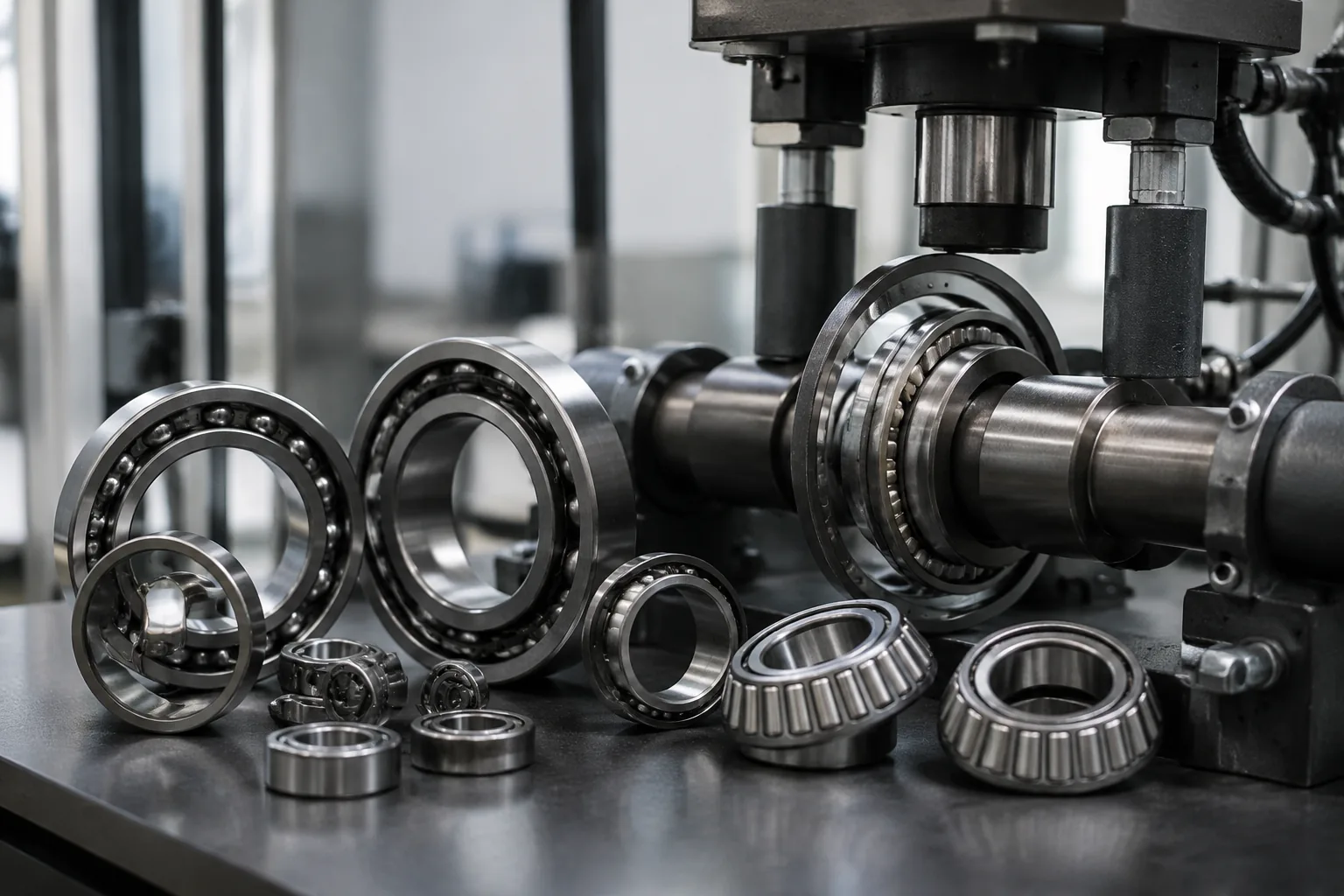 Deep-groove ball bearings and tapered roller bearings on a measurement bench beside a vibration test spindle for GB/T 307 tolerance and GB/T 24610 testing.