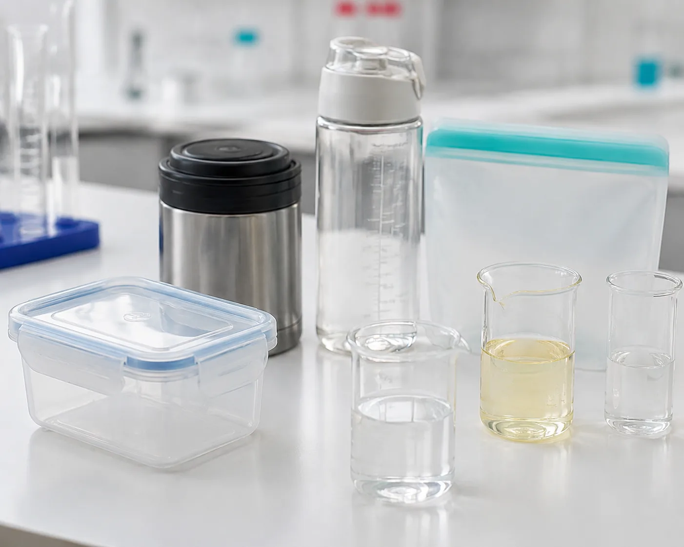 Reusable food containers in PP, stainless steel, Tritan, and silicone on a laboratory bench beside beakers of food simulants for GB 4806 three-consecutive migration testing.