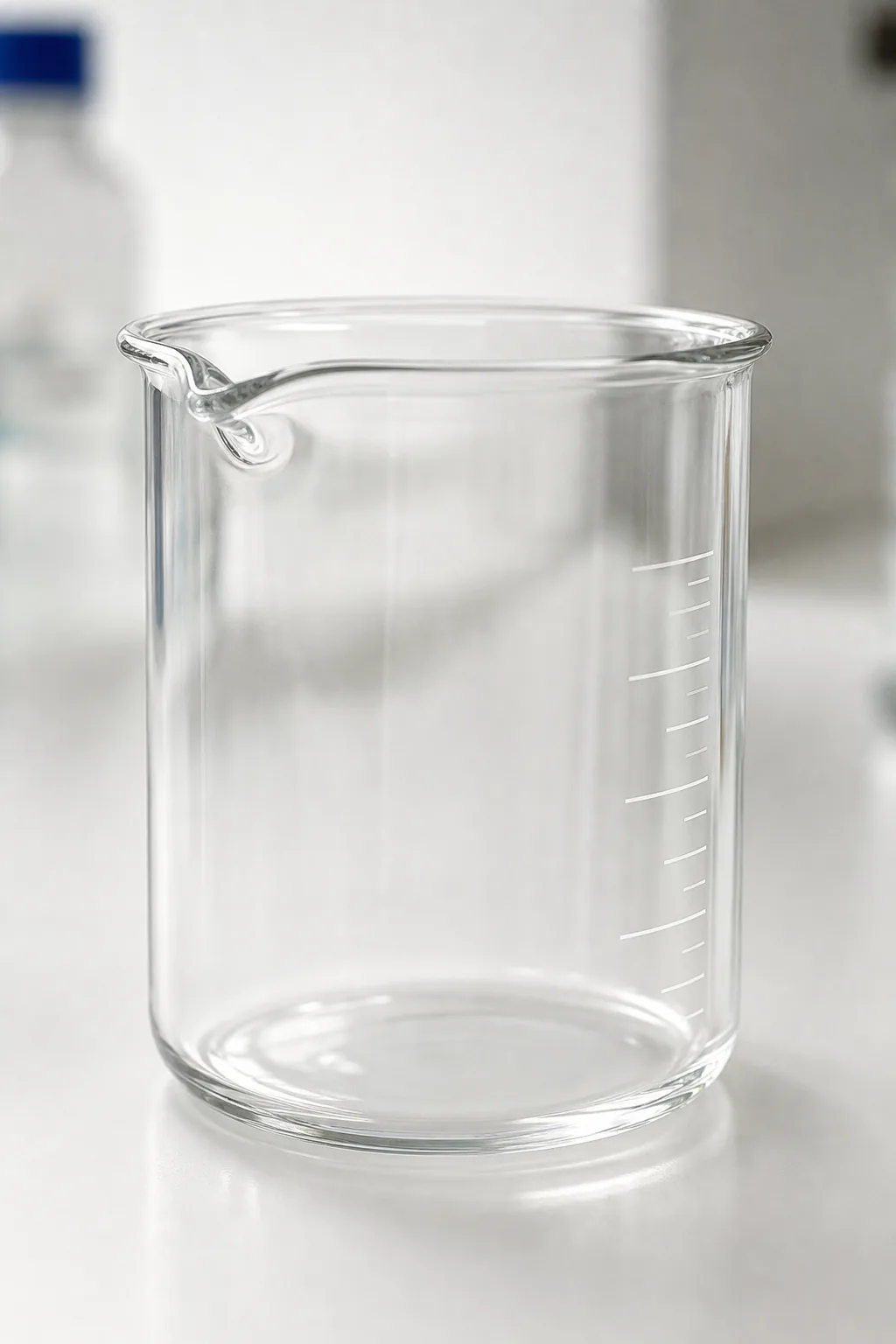 Clear borosilicate glass laboratory beaker specimen on a clean bench ready for ISO 3585 / ASTM E438 verification.
