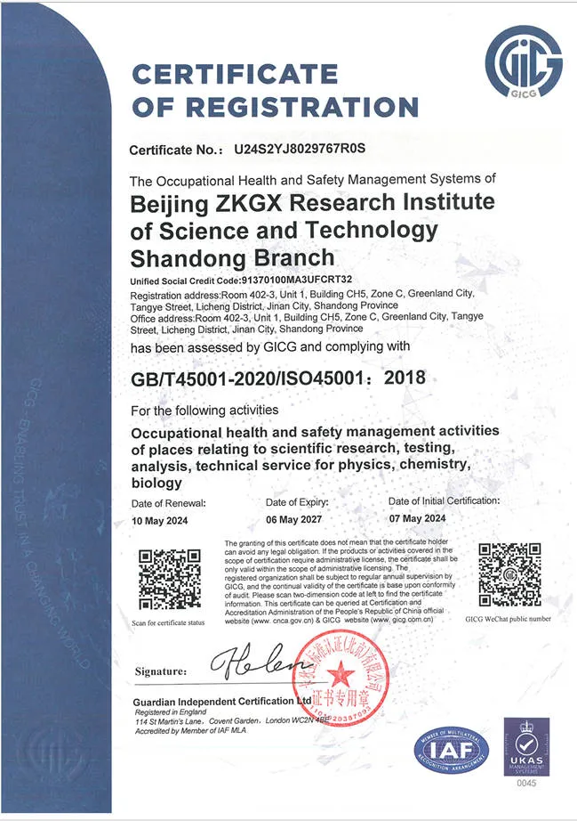 ISO 45001 certificate in English